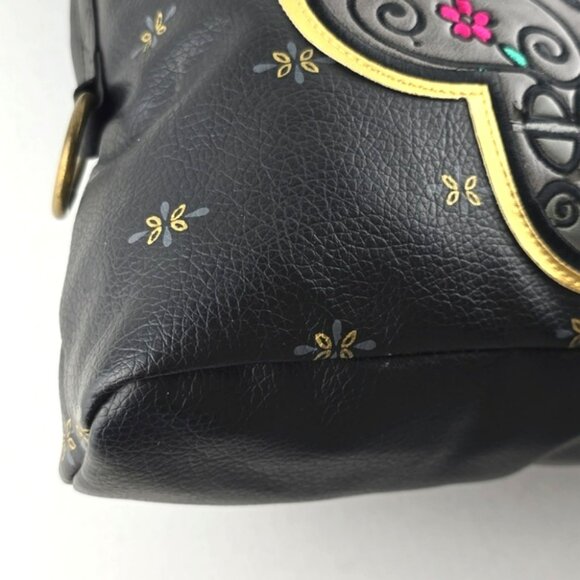 Loungefly Sugar Skull Day of the Dead Large Black Faux Leather Bag Pink Gold - Picture 15 of 16